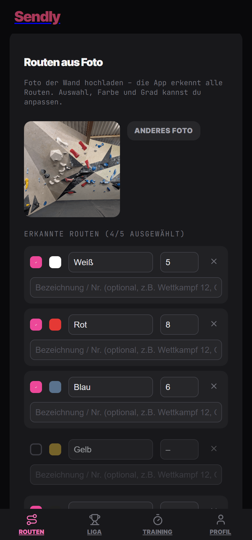 Aus einem Wandfoto erkannte Routen zur Bestätigung