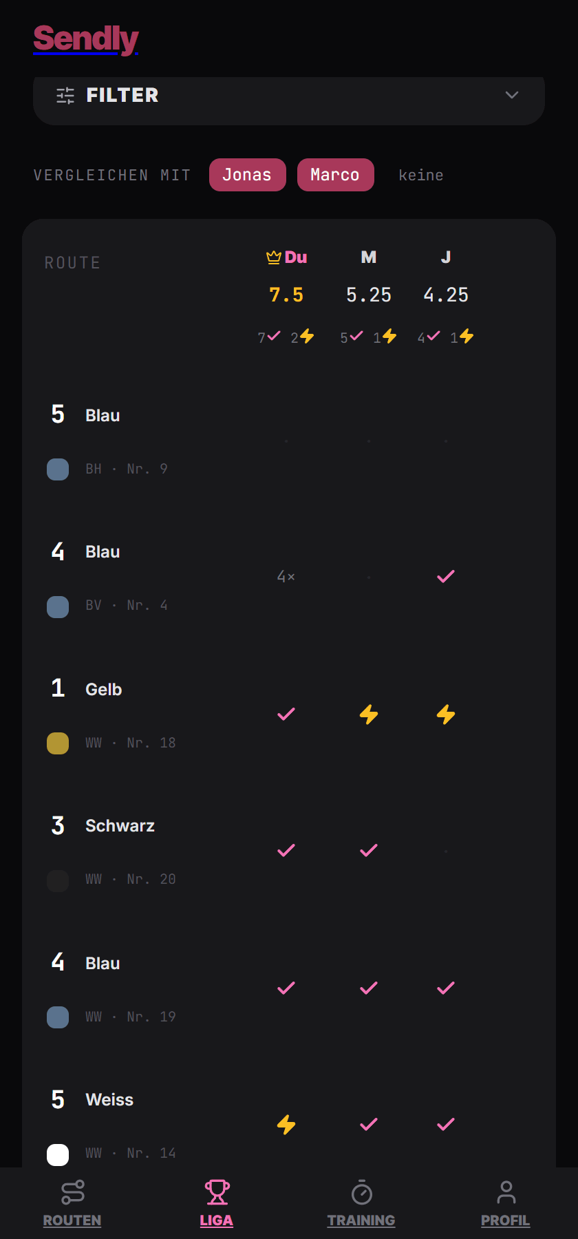 Leaderboard mit Routen-Matrix